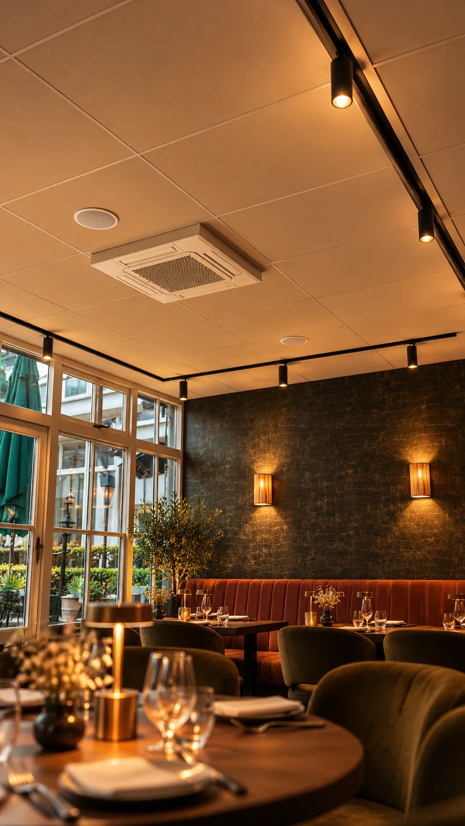 Restaurantverlichting horeca: zwarte railverlichting met richtbare spots, houten wandlampen en draadloze tafellampen in messing boven gedekte tafels