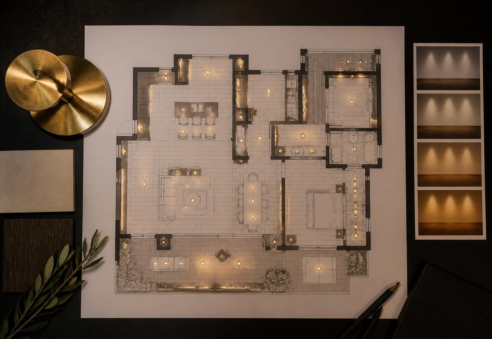 Lichtplan met lichtpunten, materiaalstalen en lichtkleurvergelijking op een donkere tafel