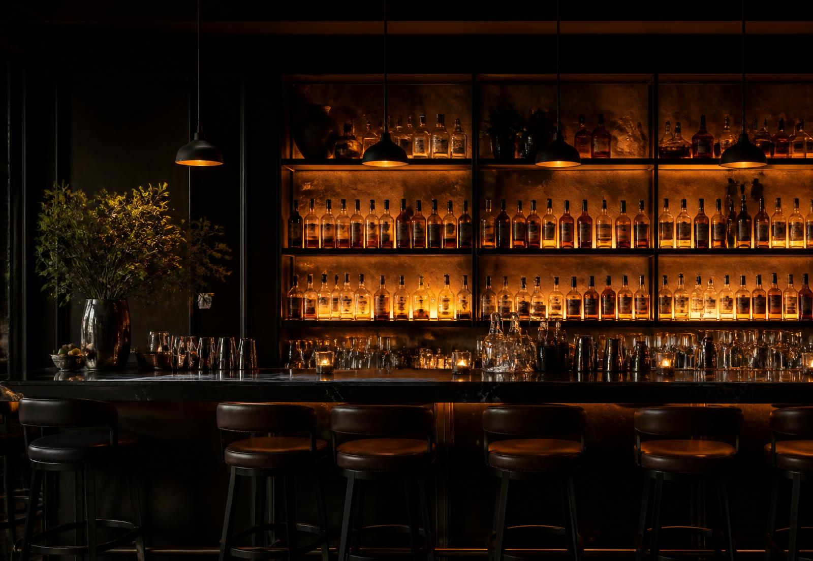 Donkere bar met warm aangelichte flessenschappen en lage hanglampen