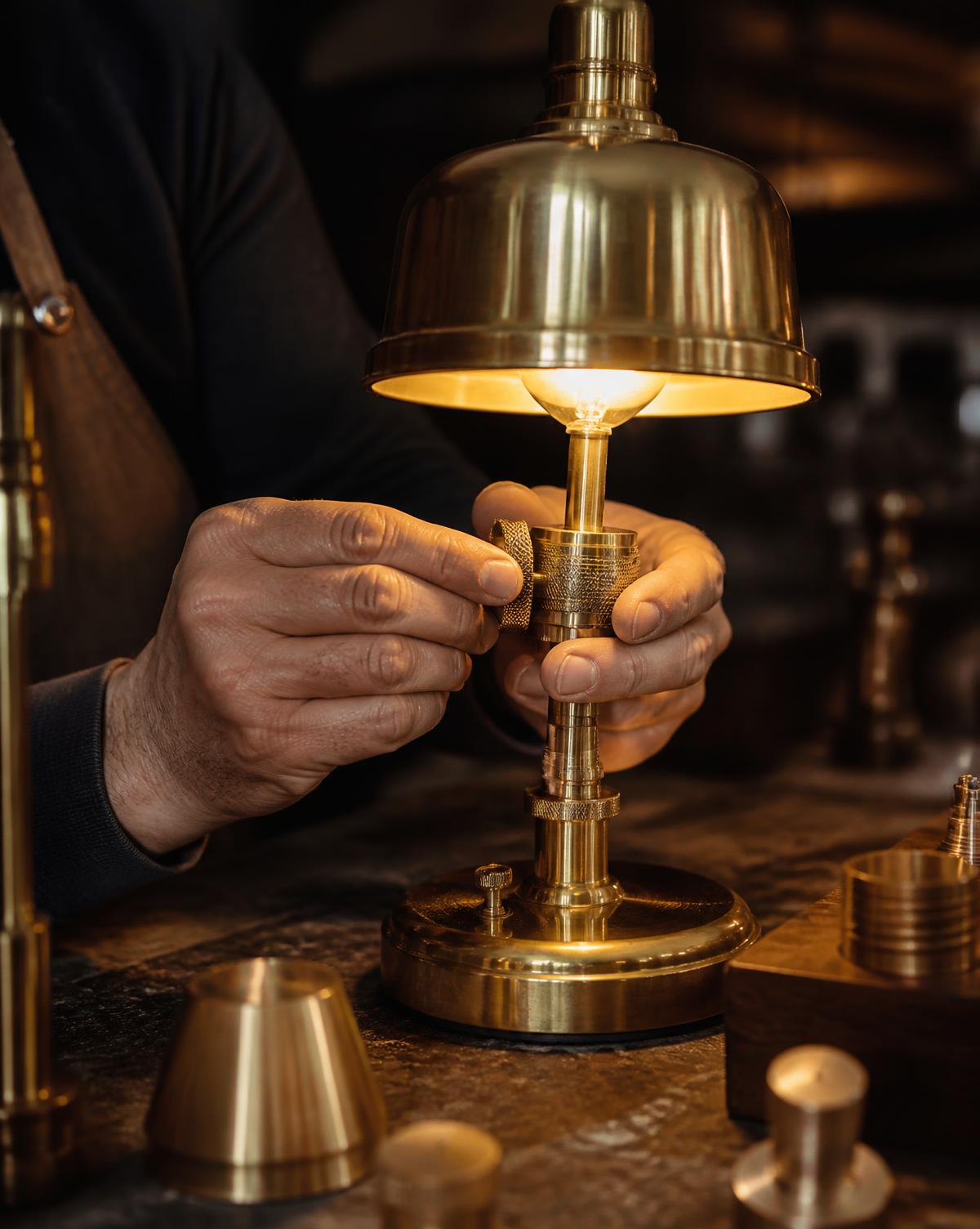 Vakman monteert een messing maatwerklamp in het atelier