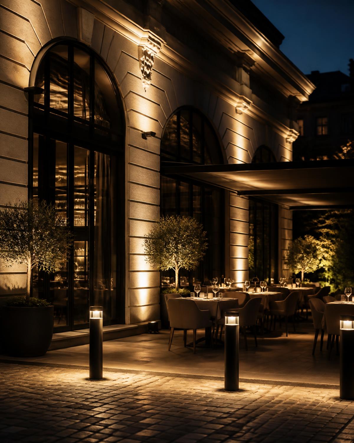 Verlicht terras met gevelverlichting en bollards in de avond